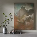 Abstract Wall Art With Earthy Tones And Decorative Vase With Green Branches