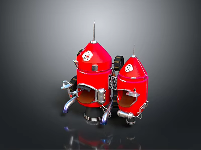 Two Red Mechanical Devices With Spiked Tops Side Logos And Base Supports 3d model