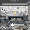 Kids Room Interior With Hot Air Balloon Wallpaper Gray Blue Bed Shelves Desk And Toys