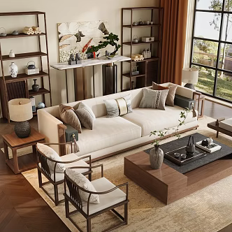 New Chinese-style Home Living Room Horizontal Hall Living Room Sofa Coffee Table Combination Small Apartment Living Room 3d model