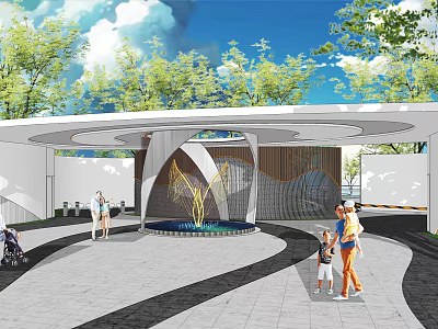 Modern Entrance Gate Design With Central Fountain And People Activities Surrounded By Green Trees 3d model
