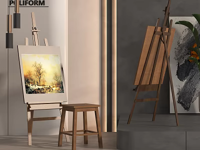 Wooden Easel With Canvas Artwork And Drawing Tools For Artist Studio 3d model