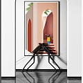 Modern Interior With Artwork On Black Stand And White Walls
