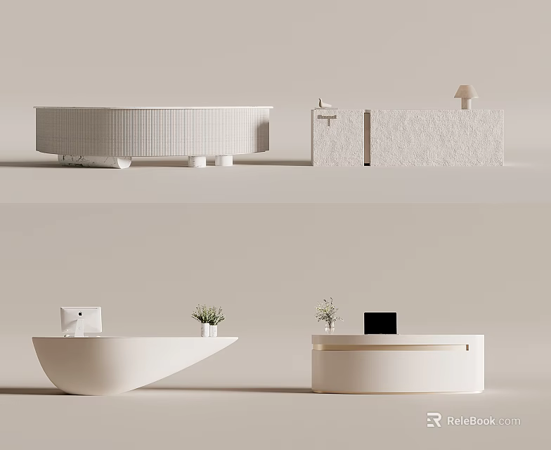 Sleek Modern Reception Desk With Curved White Design And Potted Plants Laptop 3d model 