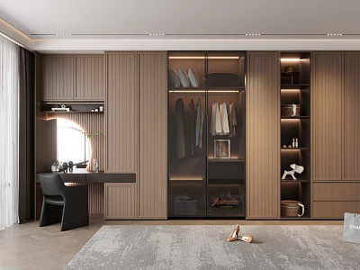 Modern Wooden Wardrobe In Cloakroom With Glass Doors Hanging Clothes And Shelves 3d model