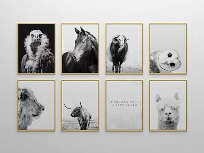 Black and White Gold Framed Animal Paintings Featuring Eagle Horse Lion Panda Alpaca Wall Decor 3d model