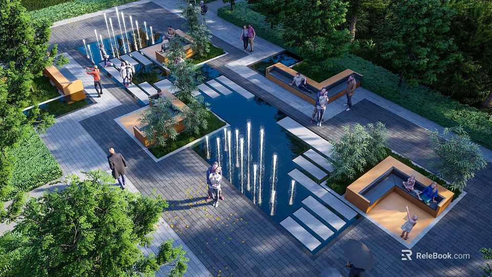 Water Fountain in Urban Park with Stone Paths Greenery and Seating Areas 3d model 