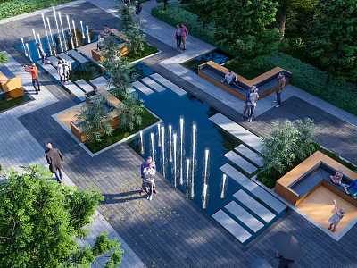 Water Fountain in Urban Park with Stone Paths Greenery and Seating Areas 3d model