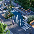 Water Fountain in Urban Park with Stone Paths Greenery and Seating Areas