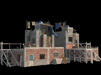 Makeshift Residential Building With Mixed Brick And Wooden Materials Staircase Scaffolding And Drying Clothes 3d model
