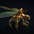 Mechanical Dragonfly Creature With Orange Yellow Body Glowing Green Head Mechanical Wings And Claws