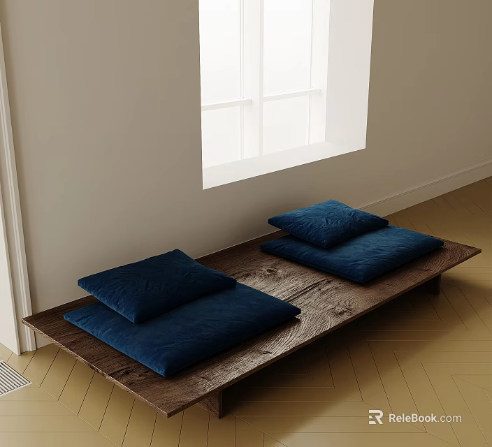 Two Seater Sofa with Blue Cushions and Wooden Base by Window in Minimalist Style 3d model 