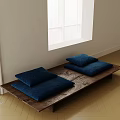 Two Seater Sofa with Blue Cushions and Wooden Base by Window in Minimalist Style