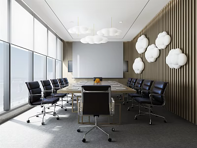 Modern Conference Room Featuring Large Windows Long Table Black Chairs Projection Screen Cloud Wall Lights 3d model