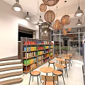 Bright Spacious Café Interior With Shelves Refrigerators Food Products And Seating Area Under Pendant Lights