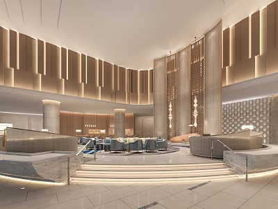 Elegant Modern Hotel Lobby Interior With Marble Flooring Warm Lighting And Seating Areas 3d model
