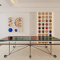 Indoor Sports Equipment Table Tennis Table With Balls Rackets And Decorative Wall