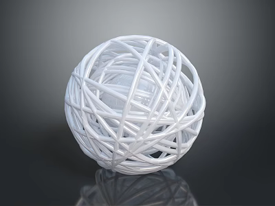 White Woven Decorative Sphere Ornament Placed on Dark Reflective Surface 3d model