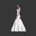 Woman In Strapless White Wedding Dress With Flower Hair Accessory On Gray Background