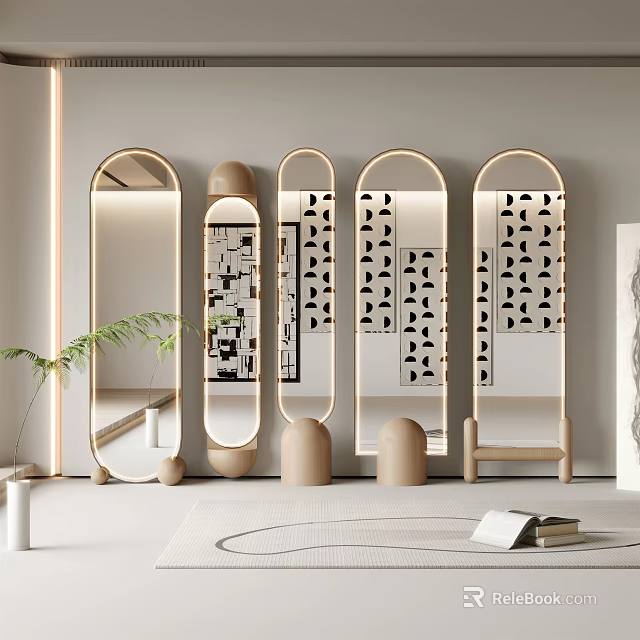 Modern Arched Mirrors With Geometric Patterns And Wooden Frames In Stylish Interior Decor 3d model 