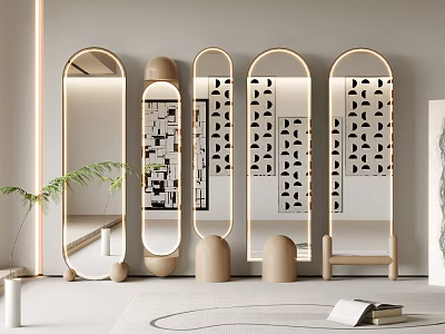 Modern Arched Mirrors With Geometric Patterns And Wooden Frames In Stylish Interior Decor 3d model