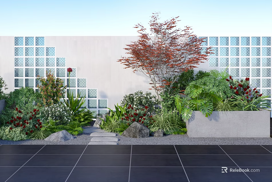 Lush Green Plants And Colorful Flowers In Beautiful Garden With Stone Path And Wall 3d model 