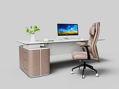 Modern Office Desk With White Tabletop Computer Monitor Green Plant Brown Cabinet And Beige Chair 3d model