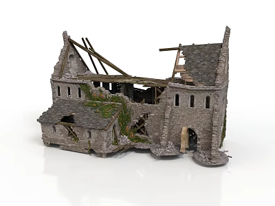 Ruined Stone Building Structure Featuring Damaged Roof Wooden Beams And Grass Growth 3d model