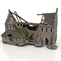 Ruined Stone Building Structure Featuring Damaged Roof Wooden Beams And Grass Growth