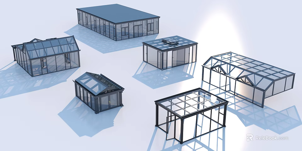 Different Sunroom Designs With Various Roof Shapes And Glass Frame Structures 3d model 