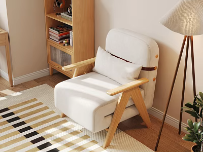 Cozy White Bean Bag Chair with Wooden Frame Floor Lamp and Rug in Living Room 3d model