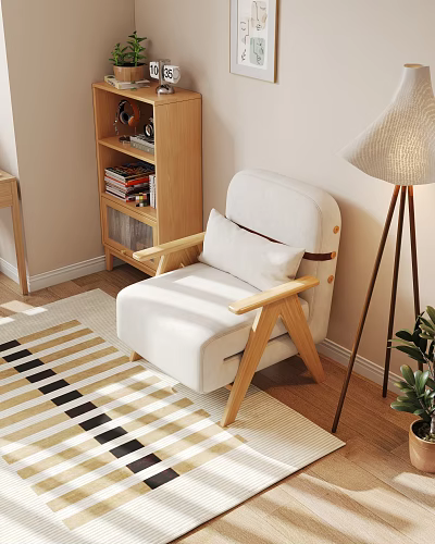 Cozy White Bean Bag Chair with Wooden Frame Floor Lamp and Rug in Living Room 3d model