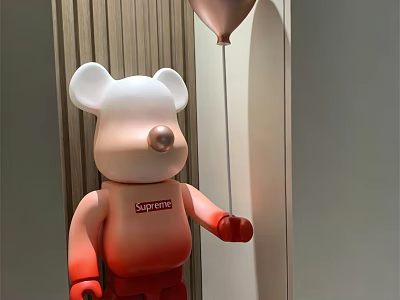 Artistic Bear Sculpture with Gradient White to Red Color Holding Balloon and Supreme Logo 3d model