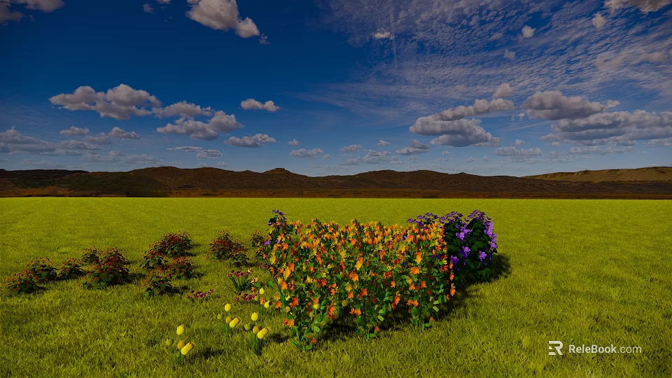 Vibrant Flowers in Green Grass Under Blue Sky With White Clouds and Distant Mountains 3d model 