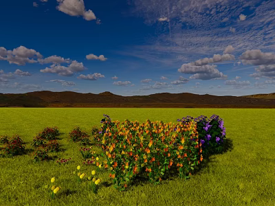 Vibrant Flowers in Green Grass Under Blue Sky With White Clouds and Distant Mountains 3d model