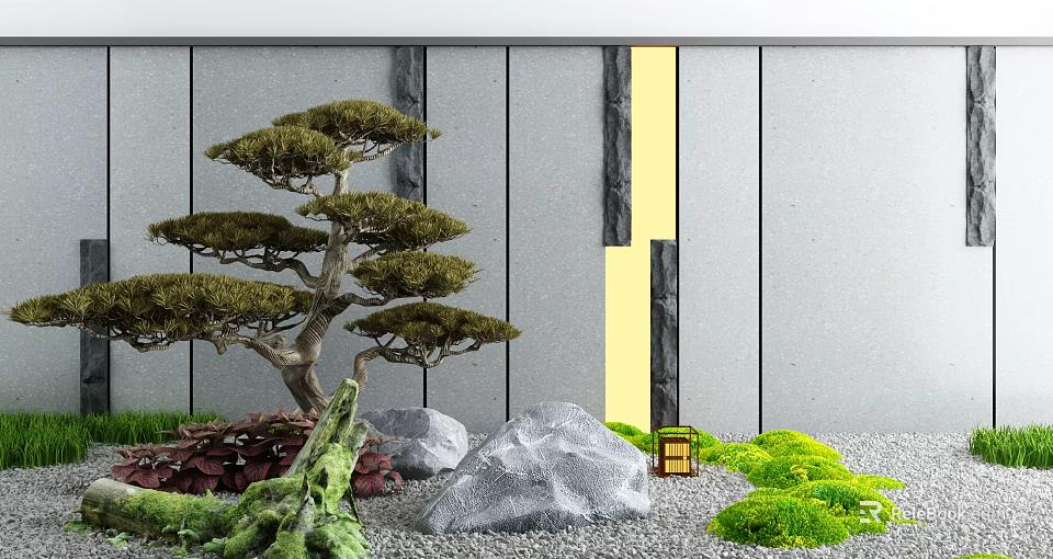 Courtyard Garden Featuring Bonsai Pine Tree Gray Walls Rocks Green Moss and Small Lantern 3d model 