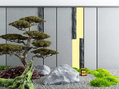 Courtyard Garden Featuring Bonsai Pine Tree Gray Walls Rocks Green Moss and Small Lantern 3d model