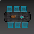 Modern Dining Table and Chairs Set Black Oval Top Brown Gray Chairs Fruit Bowl Glasses