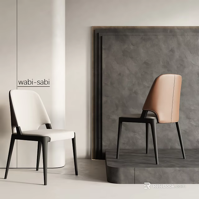 Wabi Sabi Modern Dining Chairs With White And Brown Leather Design And Grey Wall Background 3d model 