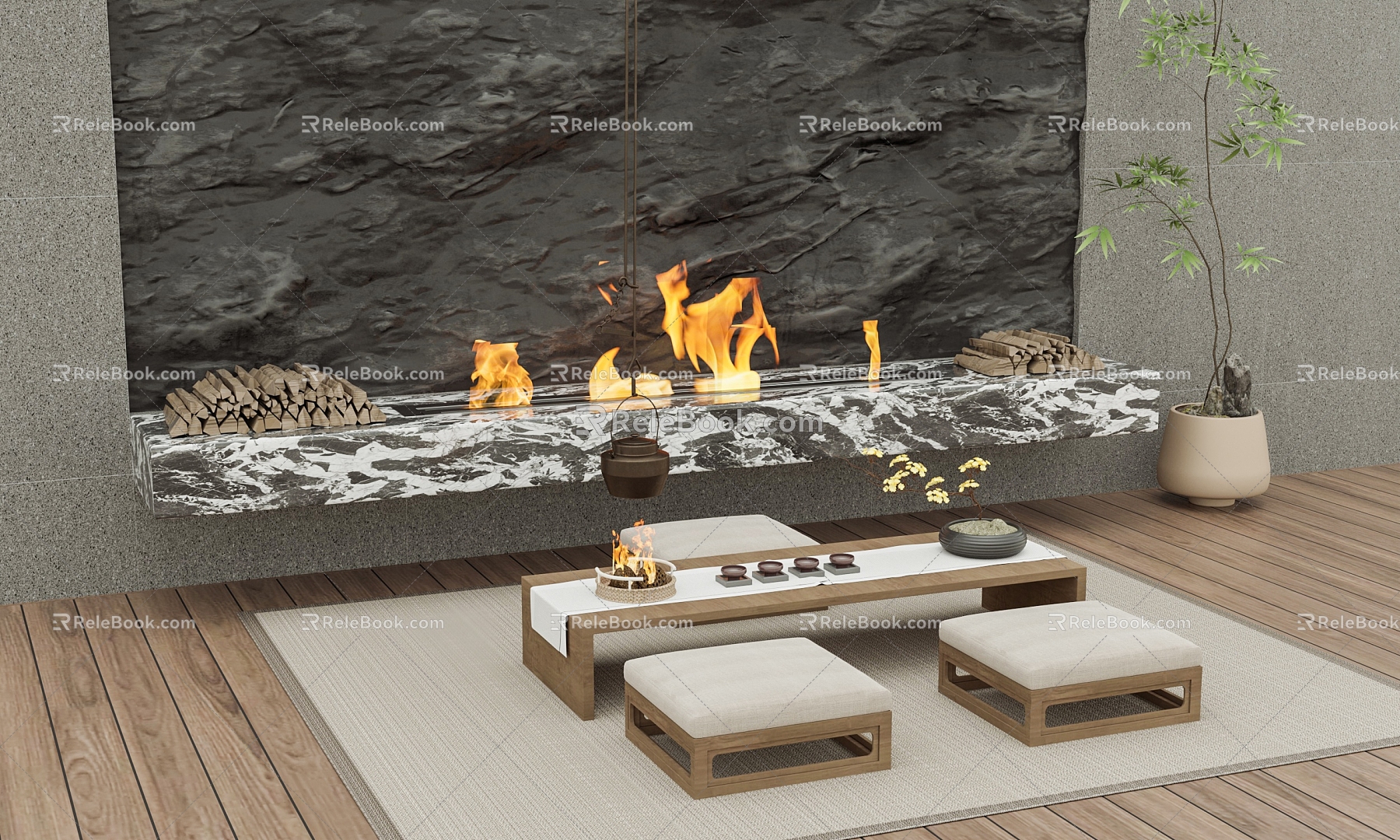 Modern outdoor fireplace teahouse combination 3d model