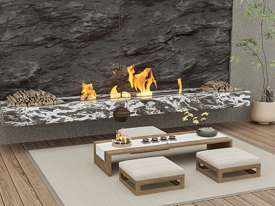 Modern outdoor fireplace teahouse combination 3d model