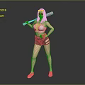 Game Movie Character With Pink Hair Holding Pink Baseball Bat In Tank Top And Black Shorts