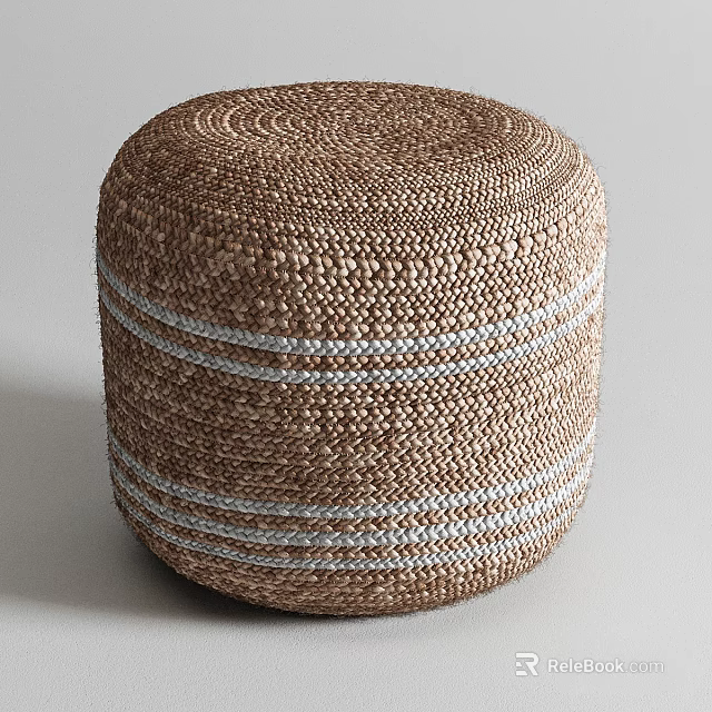 Round Woven Brown Ottoman with Light Blue Stripes for Home Living Room Use 3d model 