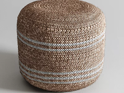 Round Woven Brown Ottoman with Light Blue Stripes for Home Living Room Use 3d model