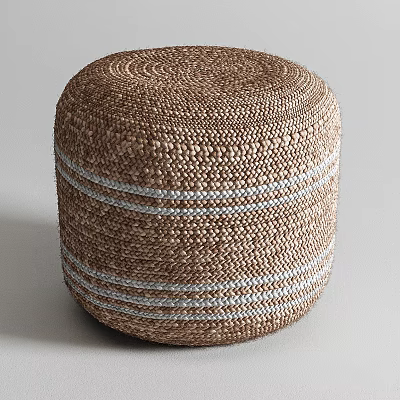 Round Woven Brown Ottoman with Light Blue Stripes for Home Living Room Use 3d model