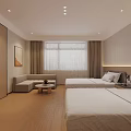 Modern Hotel Guest Room with Twin White Beds Wooden Flooring Wall TV and Dressing Table