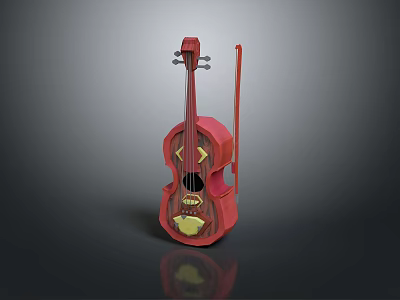 Red Wooden Violin Musical Instrument With Bow And Intricate Carved Design On Black Background 3d model