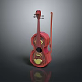 Red Wooden Violin Musical Instrument With Bow And Intricate Carved Design On Black Background