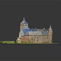 Ancient Architecture Model With Towers Courtyard Greenery And Water Feature On Black Base