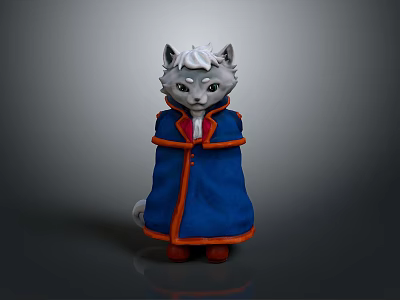 Game Movie Character Gray White Cat In Blue Cloak With Orange Trim Standing Pose 3d model